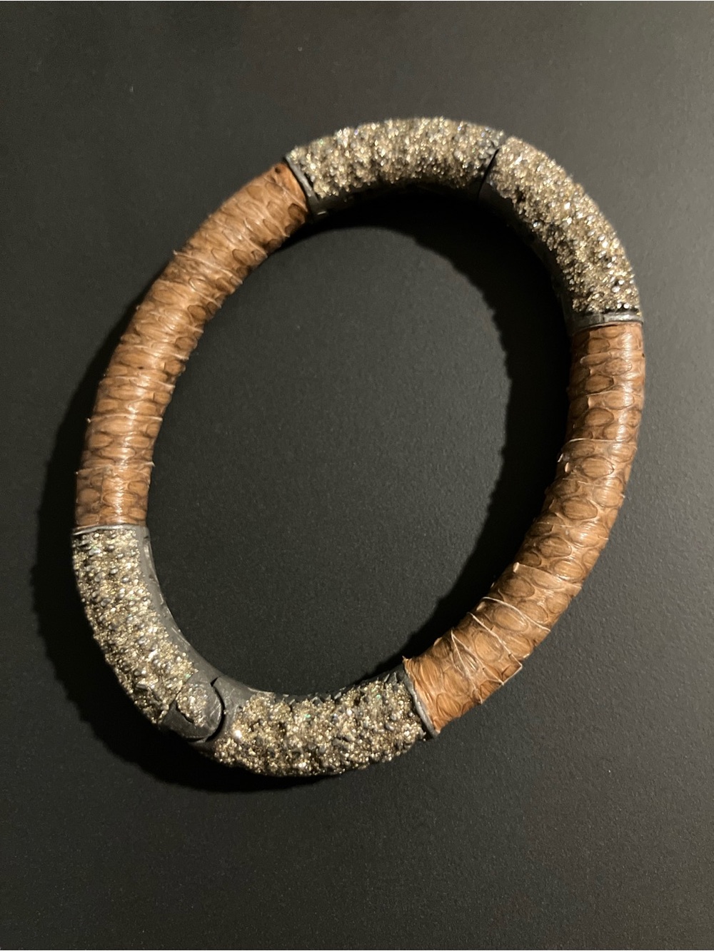 KMO Paris Brown Python Leather & Kamelite Hinge Bangle Bracelet